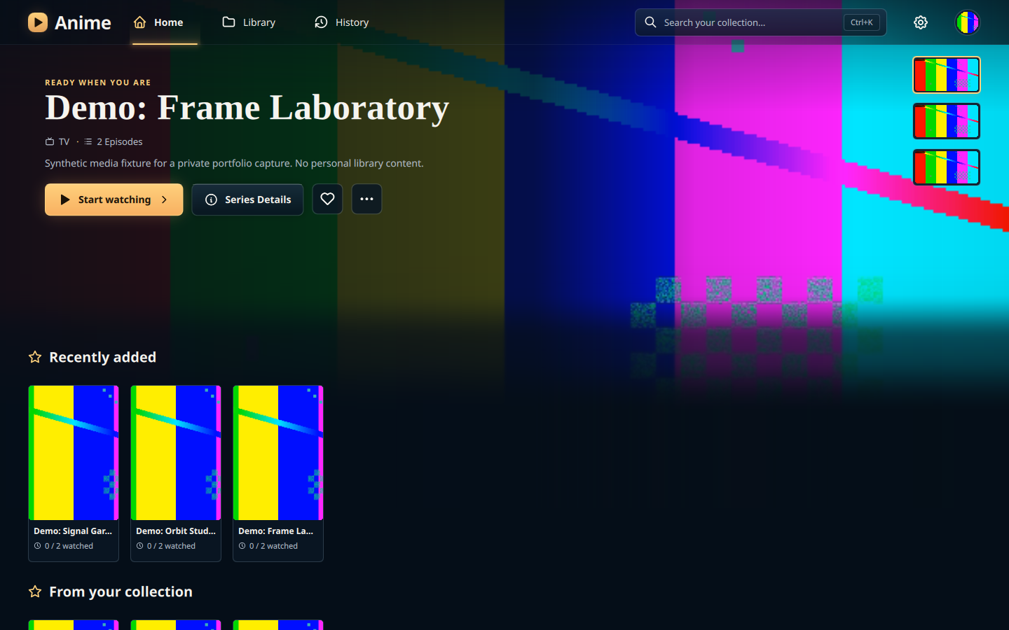 Anime desktop application displaying a disposable library of clearly labelled synthetic series.