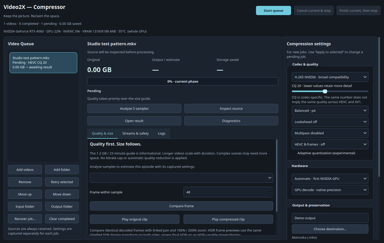 Video Compressor queue and encoding controls, using a synthetic pending test file.