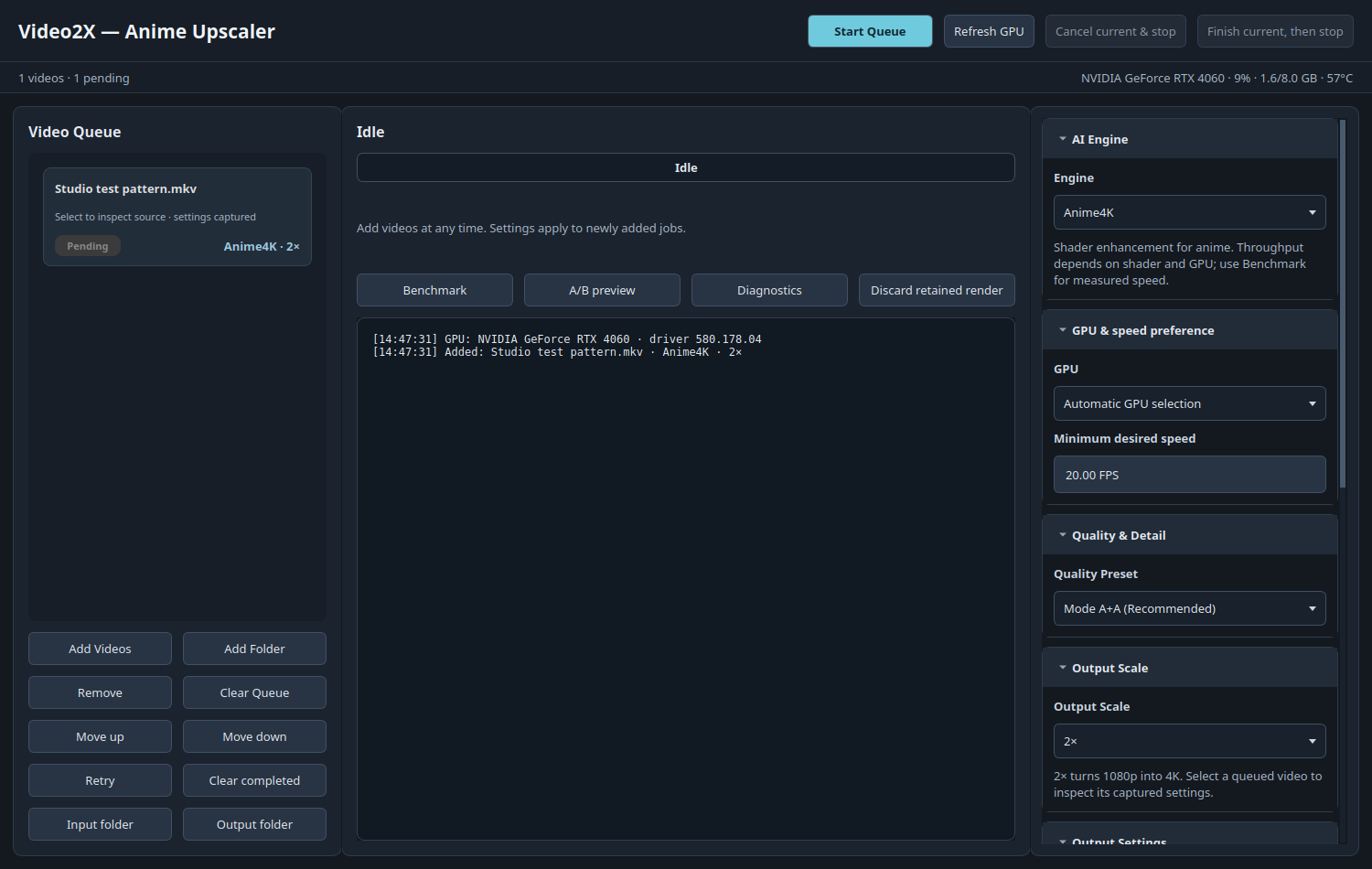 Animated Video Upscaler interface with an isolated queue and a synthetic test source.